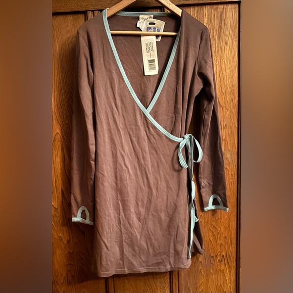 JOY ORGANIC brown & light blue tunic top wrap dress. 100% organic cotton. Soft. - Picture 7 of 12